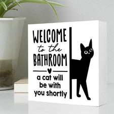 2D Black Cat Welcome Sign-Cute Kitten Wood Desk Decor for Bathroom, Living Room