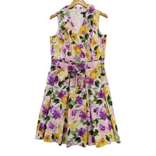 Nina Leonard Fit Flare Dress Womens M Multicolor Floral Notched Collar Belted
