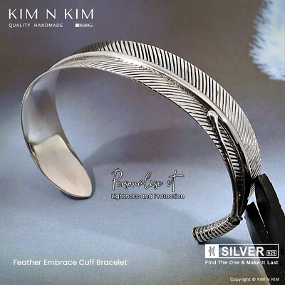 Feather Embrace Cuff Bracelet Handcrafted feather cuff Bangle Solid 925 Silver