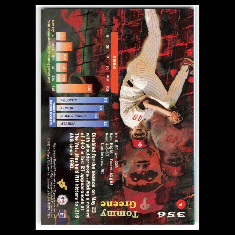 Tommy Greene #356 1995 Topps Stadium Club Philadelphia Phillies Baseball Card NM - Image 2 of 3