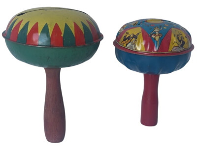 Tin Noise Makers Lithograph Party Spinning New Years Eve US MFG Old Pair