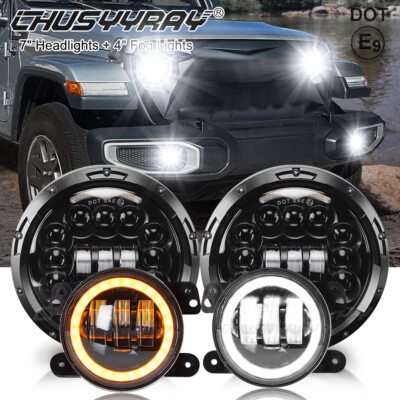7'' LED Halo Headlight + 4'' Fog Light For Jeep JL Rubicon Sahara 2018-2020 2021