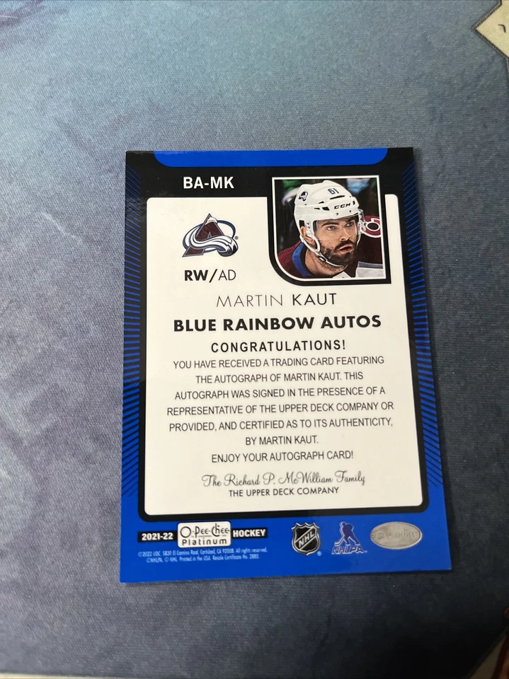 2021-22 O-Pee-Chee Platinum Martin Kaut Blue Rainbow Auto BA-MK - Image 2 of 2