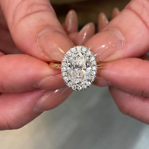 2.32 TCW Oval Cut Moissanite Halo Engagement Ring In 14K Solid Two Tone Gold - Picture 8 of 13