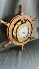 Vintage Wood & Brass Ship Wheel Port Hole Wall Clock 13.5" Nautical Fully Works