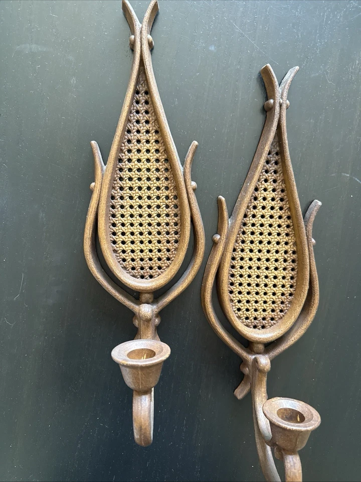 "Juego vintage de 2 bollos de pared Boho imitación madera mimbre/ratán marrón 15""H 5""W" Foto 2 de 4