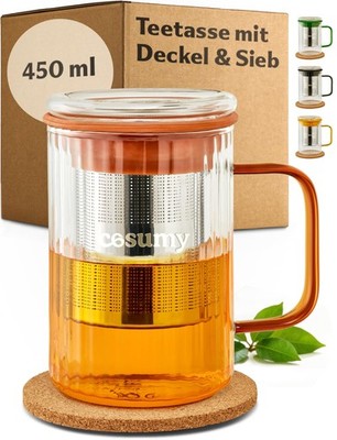 Teetasse mit Deckel und Sieb 450ml  Hitzebeständiges Teeglas mit Farbgriffen ...