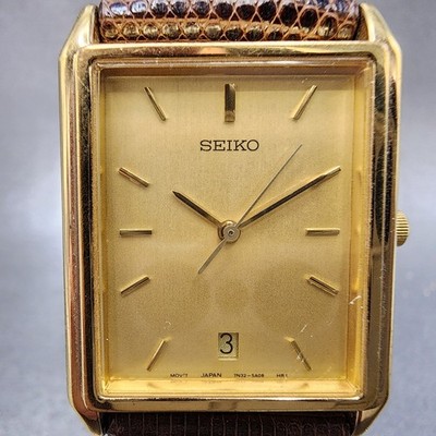 Seiko Tank Watch Men 26mm Champagne Dial Gold Tone Date 7N32-5A09