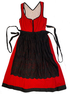VINTAGE DIRNDL DRESS From Germany. Classic Three Piece, Red w Small Black Print