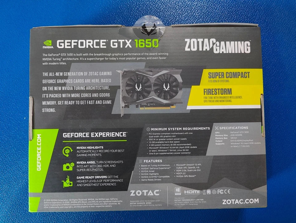 Zotac GTX1650 Graphics Card GPU 4GB GDDR6 Twin Fan - Image 2 of 4