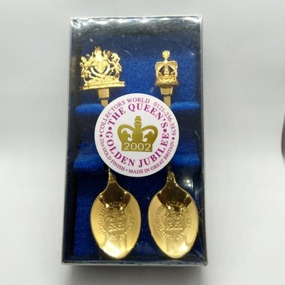 2002 Queen's Golden Jubilee Teelöffel Set 22ct Gold Finish Krone Großbritannien 