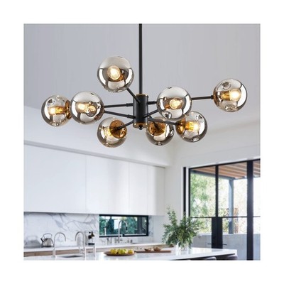8-Light Sputnik Black Chandelier with Globe Glass Black and Gold Pendant Ligh...