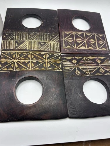 African Carved Wooden Napkin Rings Unique Reversible Set Of 4