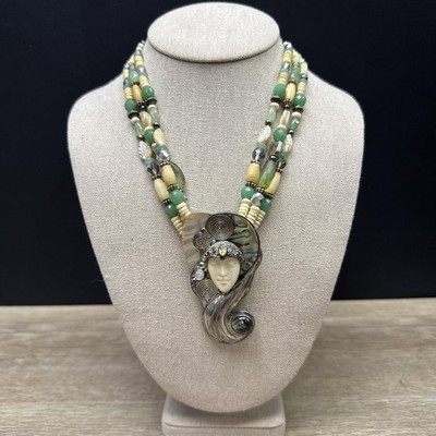 Rare Vintage Dyanne Silver Carved Girl Face  Custom Necklace Abalone