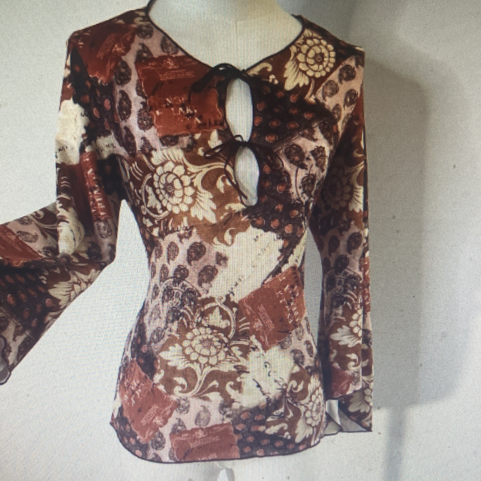 Brown Beige Floral Patchwork Boho Bell Sleeve Key… - image 2