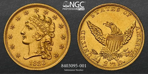 1836 $2.50 GOLD QUARTER EAGLE CLASSIC HEAD MINT STATE NGC MS61 #8403095-001