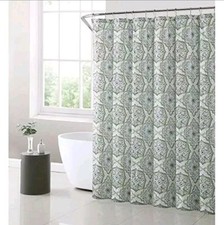 Fabric Shower Curtain Sage Gray Blue White Medallion Design 12pc Roller Hook Set