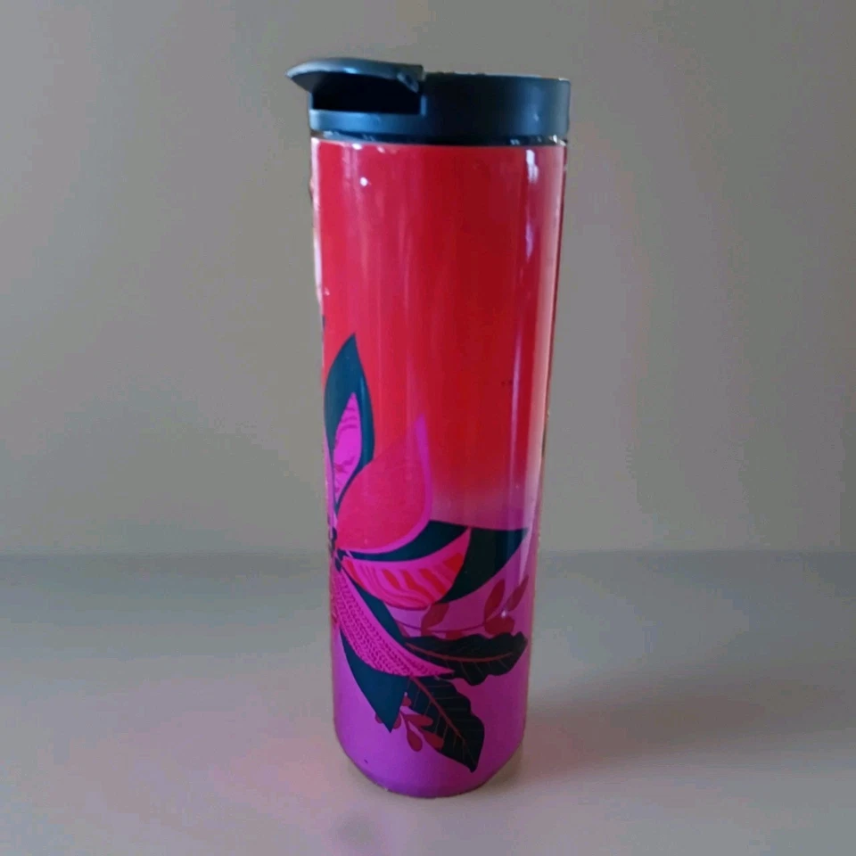 Vaso aislante de acero inoxidable Starbucks rojo rosa negro floral flor de pascua 16º Foto 3 de 4