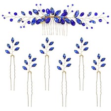    7Pcs Royal Blue Rhinestone Bridal Hair Combs  U Pins Wedding Prom Headpieces
