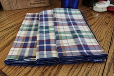 Set of 3 Longaberger Woven Traditions Plaid Fabric Napkin/ Blue stitching border