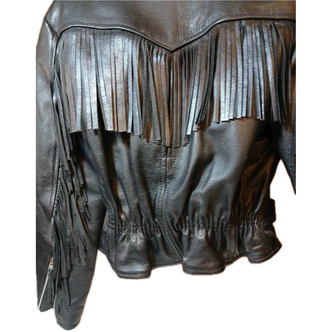 First Genuine Leather Motorcycle Jacket With Fringes And Zippers Belt size small image 7