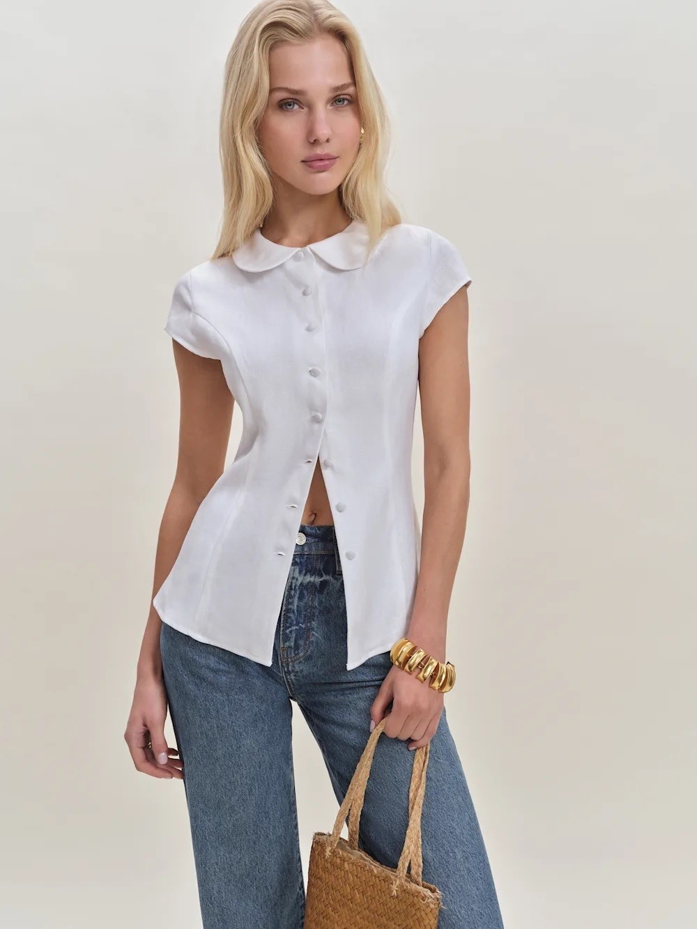 NEW Reformation Molly White Linen Short-Sleeve Button Front Top Shirt US 4 UK 8