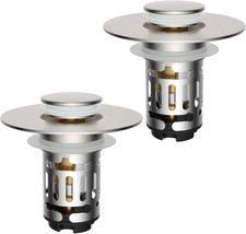 2 Pack Upgraded 3 in 1 Bathroom Sink Drain Strainer, Universal Pop up Stopper wi