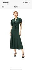 Women's Solid Green Large Long Dress V-Neck W/Bow Short Sleeve Maxi Dress