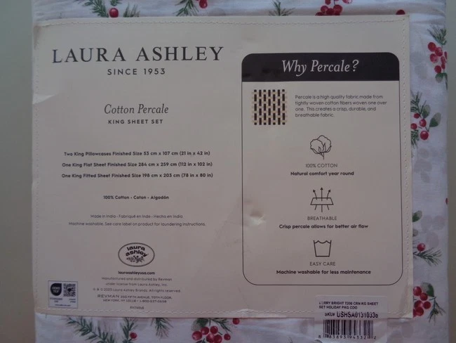 Juego de Sábanas Laura Ashley Algodón Percal KING Rojo Baya Brillante Navidad Vacaciones N Foto 4 de 4