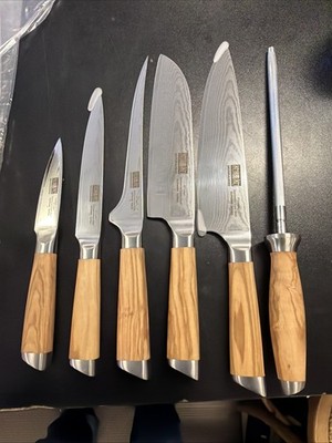 Ultra Sharp Damascus Steel Kitchen Knife Set with Olive Wood Ergonomic Handle