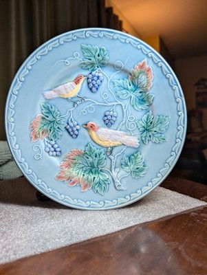 Antique W German Majolica Birds & Berries Turquoise Blue Plate Highmount 