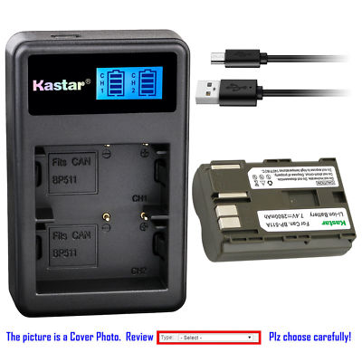 BP-511 Battery or LCD Dual Charger for Canon EOS 50D D30 D60, Kiss, Kiss Digital