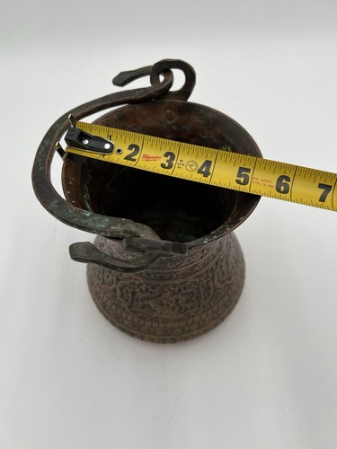 VINTAGE ENGRAVED COPPER PLATE CAULDRON KETTLE POT WITH CARRY HANDLE - Picture 12 of 14