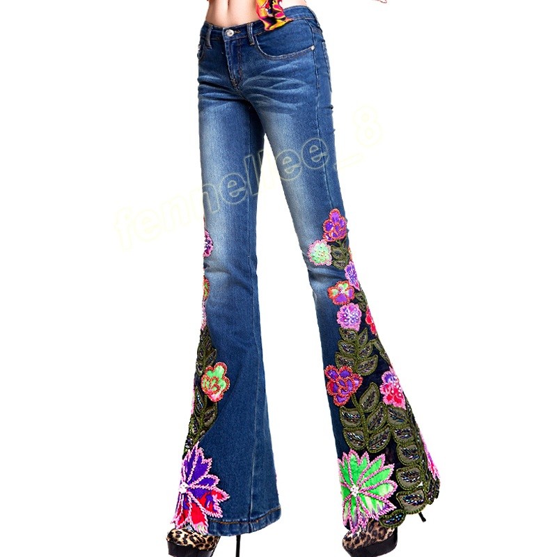 Womens Slim Ethnic Bead Embroidery Jeans Denim Bellbottoms Flared