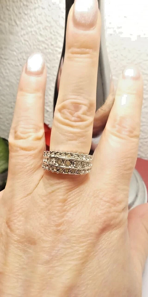 ANELLO a fascia con 3 file di scintillanti ZIRCONI BIANCHI argento Fascione Ring - Immagine 2 di 4