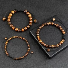 Handmade Natural 4 6 8mm Tiger Eye Stone Round Beads Braided Adjustable Bracelet