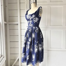 Vtg 50s Malihini Blue Floral Cotton Sundress Hawaiian Tiki Shelf Bust Dress XXS