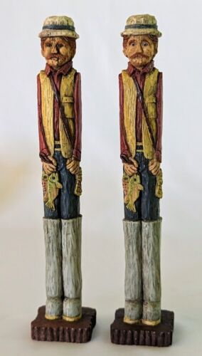 Vintage Pair of WANGS 1993 Carved Wood Resin Skinny Fisherman 9” Rustic Folk Art - Picture 1 of 7