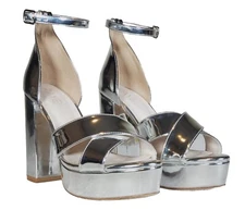 RAYE Harrison Platform Heel Sandals in Metallic Silver Leather Women's US 6.5