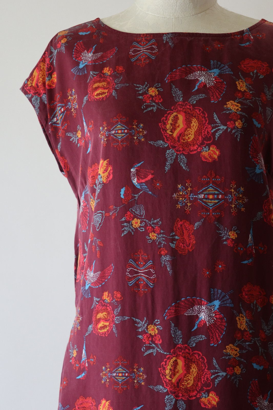 Patagonia Worn Wear Burgundy Colorful Lyocell Floral Bird Print Dress Women S thumbnail 10