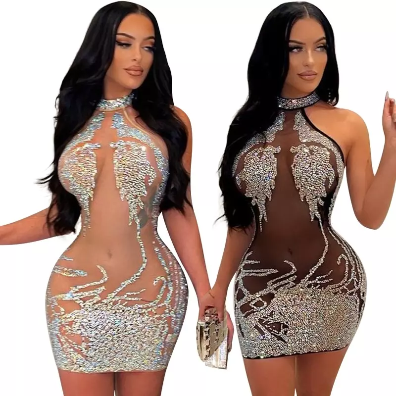 Sexy Women Mesh See-through Rhinestone Bodycon Evening Party Mini Dress  Clubwear