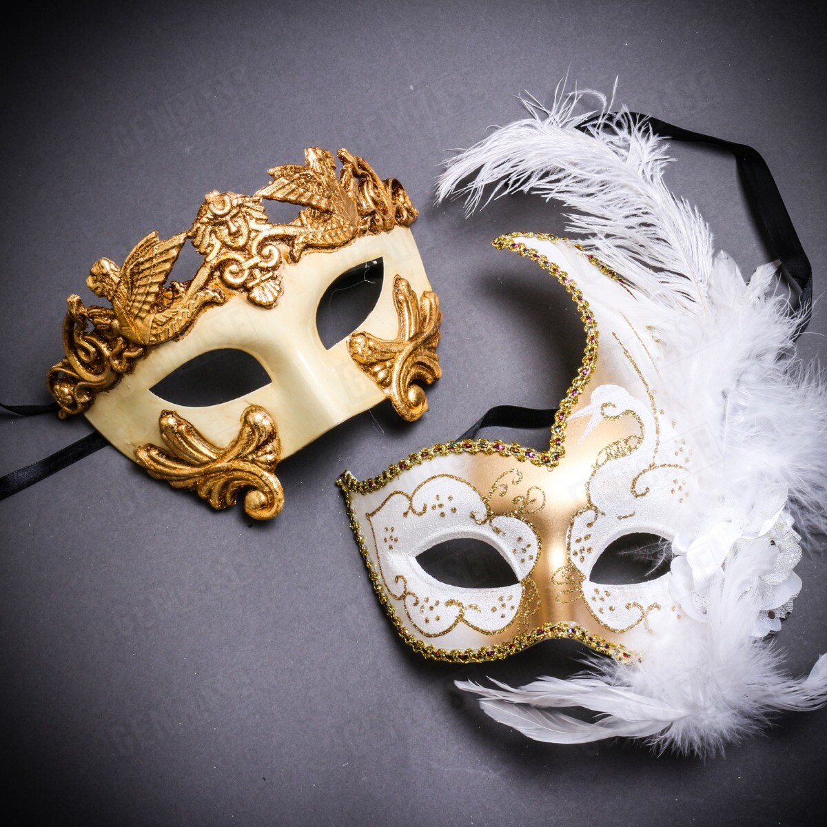 white and gold masquerade dresses His & Her Party Masks Set for Couple Venetian Feather Mask Zipper Closure