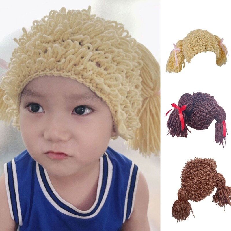Kid Pigtail Wig Braid Wig Hat Crochet Wig Handmade Woolen Yarn Knitted