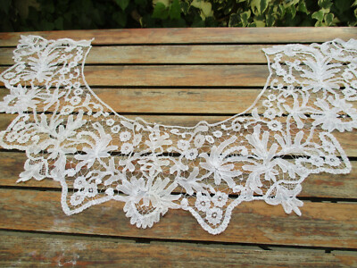 Grand Col Ancien Coton Brodé Main Et Dentelle - Blanc - Taille S - Très Bon état