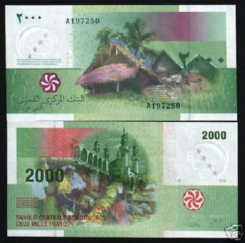 COMOROS ISLANDS 2000 FRANCS P17 2005 *A* PFX HUT MOSQUE UNC CURRENCY LOT 3 NOTE - Picture 1 of 2