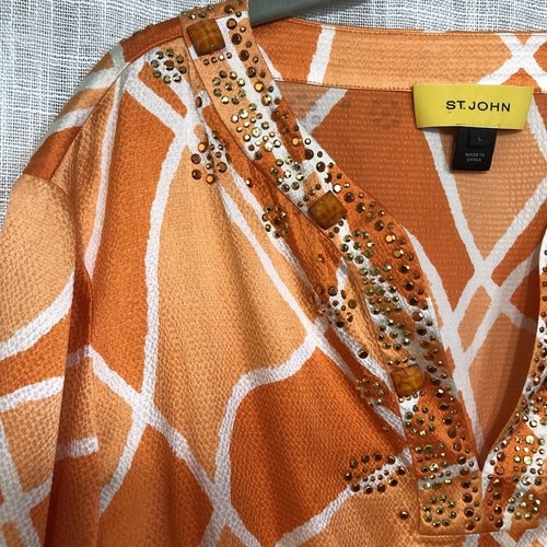 St. John Embellished Top L Silk Blend Peplum Blouse Geometric Print Bell Sleeve - Picture 4 of 13