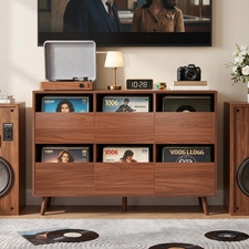 44.1" Record Player Stand, Mid Century Turntable Table, Vinyl Holder, Walnut