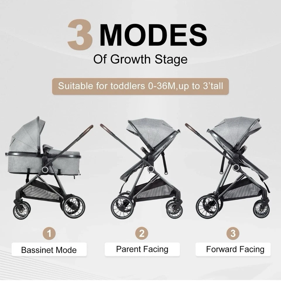 2-in-1 Baby Stroller with Bassinet Mode - Folding Infant Newborn Toddler Pram - Image 2 of 4