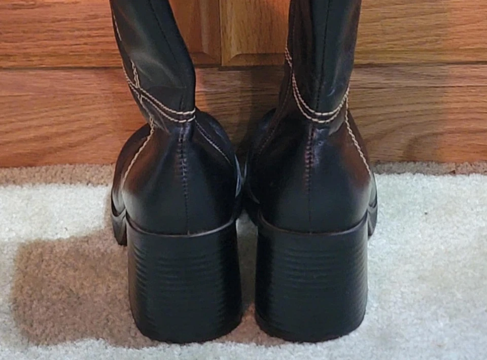 BP Lilo Mujer Talla 5 Negro Imitación Cuero Grueso 3" Tacón Bloque Botas Costuras Tostadas Foto 3 de 4