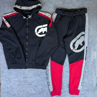 VTG Y2K Ecko Unltd Mens Tracksuit Set Hoodie & Sweatpants Black Red Logo Size M